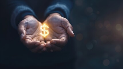  "Hands holding digital assets and money, crowdfunding backdrop, ample text area 