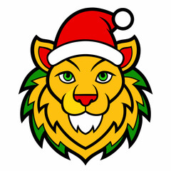 Cute Lion Cartoon Head with Santa Hat - Vector Art Collection of Farm, Wild, and Marine Animals - Isolated on White Background