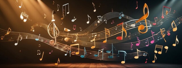 Dramatic High-Contrast Cinematic Photograph of Whimsical Musical Notes Floating in Dark, Elegant Background!
