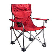 Red folding camping chair with cup holder, ideal for outdoor activities like picnics, sports events, and backyard lounging.