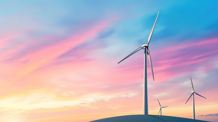Obraz premium Sustainable Energy Source: Wind Turbines on Hilltop at Sunset with Copy Space
