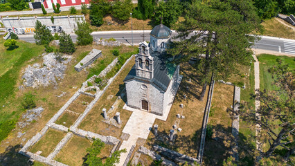 Aerial view of Vlach Church (Vlaška Crkva), a Serbian Orthodox church built on the site of a Bogomil necropolis and now located in Cetinje, the former capital of Montenegro in the Balkans