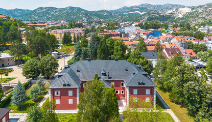 Aerial view of the Cetinje Royal Palace, now housing the King Nicholas Museum in the former capital...