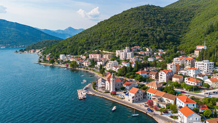 Aerial view of the waterfront orthodox church of Saint Roch of Donja Lastva in Tivat in the Bay of...