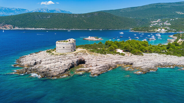 Aerial view of the Arza Fortress on the Cape of Arza at the end of the Lu&scaron;tica peninsula in Montenegro