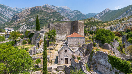 Aerial view of Stari Bar (Old Town of Bar), the ruins of an ancient walled city at the foot of...