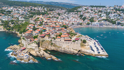 Aerial view of Ulcinj Castle, a medieval old town built on a rocky peninsula by the Illyrians in...