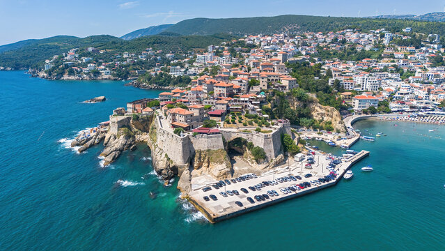 Aerial view of Ulcinj Castle, a medieval old town built on a rocky peninsula by the Illyrians in southern Montenegro