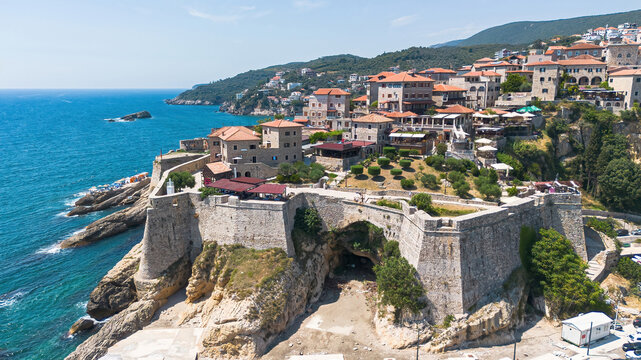 Aerial view of Ulcinj Castle, a medieval old town built on a rocky peninsula by the Illyrians in southern Montenegro