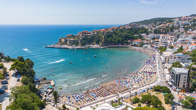 Aerial view of the bay of Ulcinj ended by the urban "Small Beach" ( Mala Plaza) on the Adriatic Coast in southern Montenegro