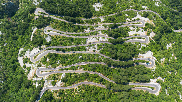 Aerial view on the Kotor Serpentine, a steep hairpin road with 16 turns between Kotor and Cetinje passing through the Lovcen National Park in Montenegro