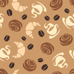 Seamless pattern with coffee beans, cups, croissants, and cinnabon. Coffee time background. Vector seamless print