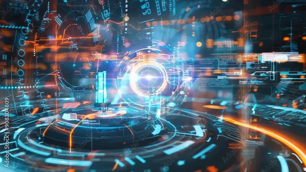 Poster futuristic background with a holographic display and data elements