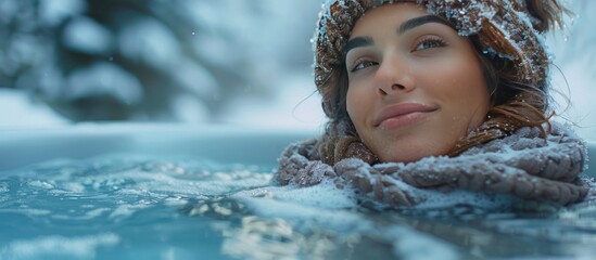 Obraz premium Woman Relaxing in a Winter Hot Tub