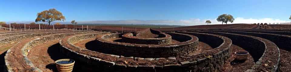 Panoramic View of Ancient Incan Terraced Agricultural Ruins in Maras Moray, Peru with Clear Blue Sky and Distant Horizon
