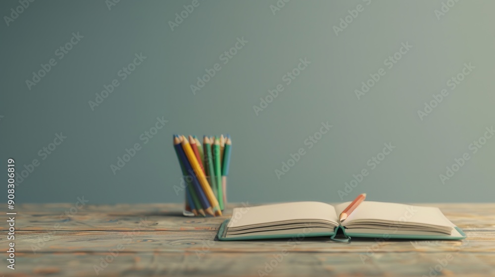 Poster creative workspace: wooden desk with open sketchbook and pencils in minimalistic setting