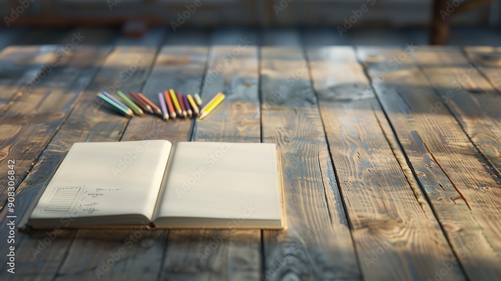 Poster creative workspace concept: wooden desk with open sketchbook and pencils in a minimalist void enviro