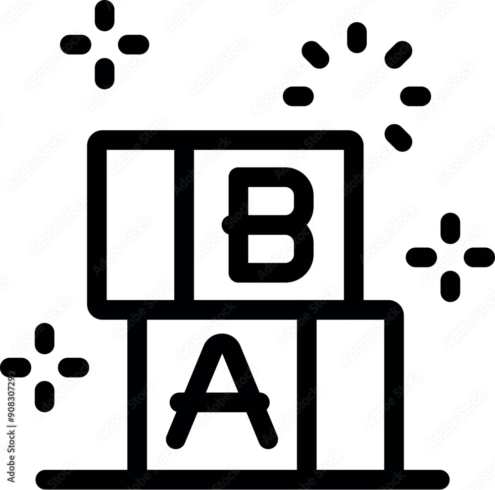 Poster line art icon of alphabet blocks stacked, representing a child's language development milestone
