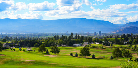 Skyline of Kelowna, the third largest city in British Columbia, located on the shores of Okanagan...