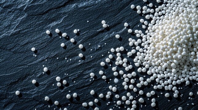 Ammonium nitrate pellets on dark background with room for text Plant nutrient