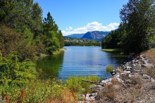 Columbia River flowing past Zuckerberg Island in Castlegar in the West Kootenay region of British Columbia, Canada