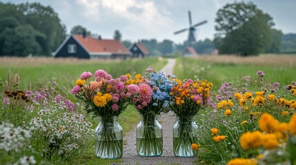 Obraz premium Flowers in Glass Jars on Field Background 18