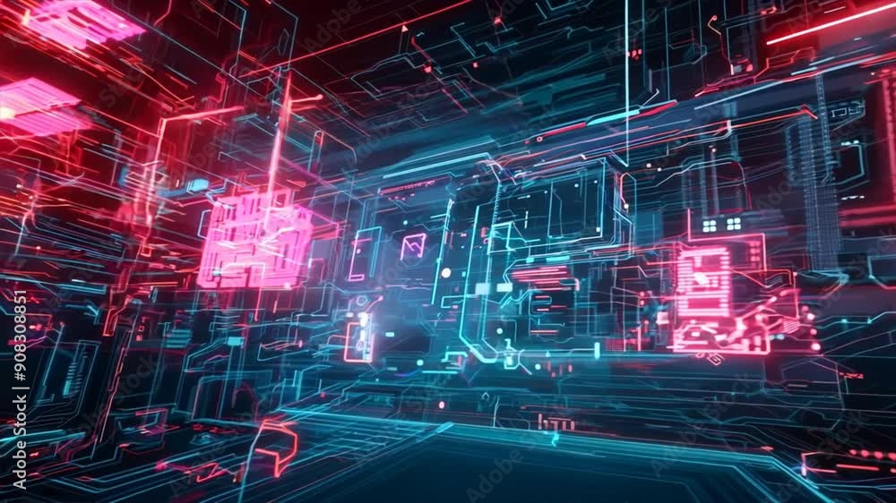 Poster futuristic background with a holographic interface and data stream