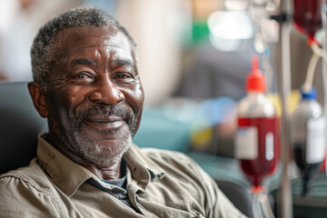 Fototapeta premium A man with a smile on his face is sitting in a chair