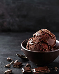 A scoop of chocolate ice cream in a dark chocolate bowl.