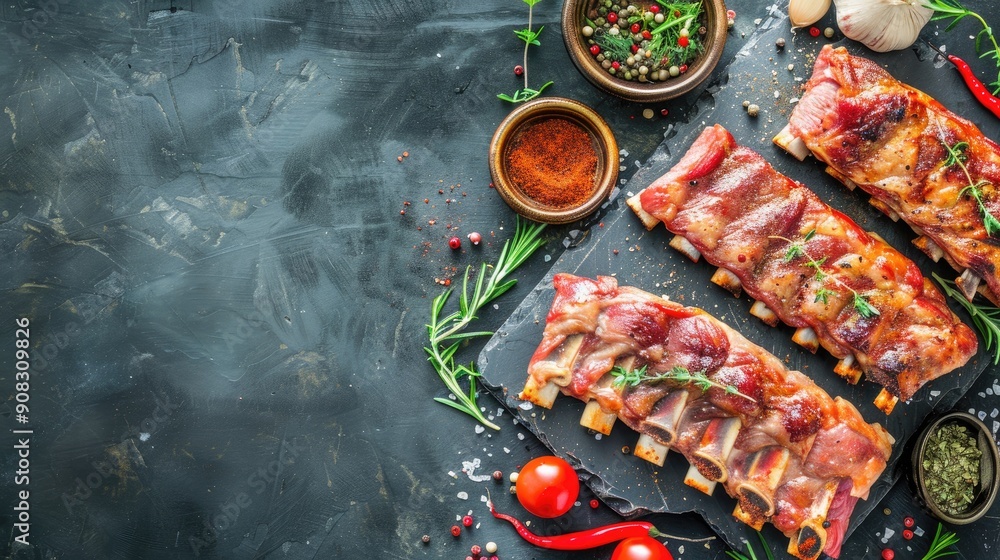 Poster fresh pork ribs with aromatic spices and herbs on rustic table top view with copy space