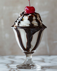 A sundae made with vanilla ice cream, chocolate syrup, and a cherry on top.