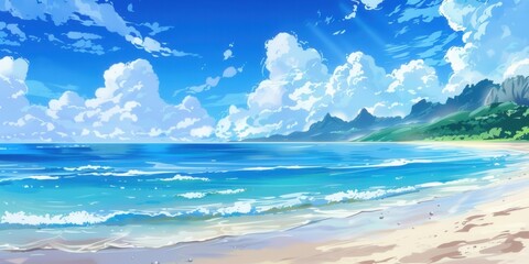 Obraz premium Serene Anime Beach Scene. High detailed plain background