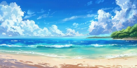 Serene Anime Beachscape. Tranquil seaside retreat concept
