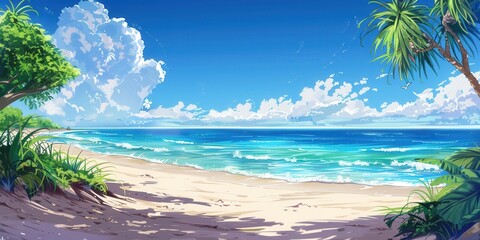 Serene Anime Beach. High Detailed Summer Paradise Concept