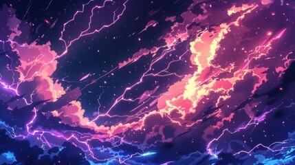 Dynamic Anime Lightning Background. Futuristic technological landscape concept