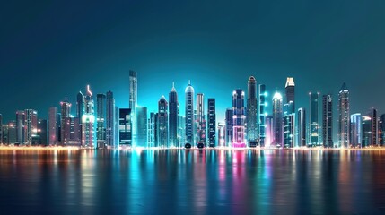 Fototapeta premium Glowing High-Tech Futuristic City Skyline Illuminated at Night, Emphasizing Visualization and Innovation