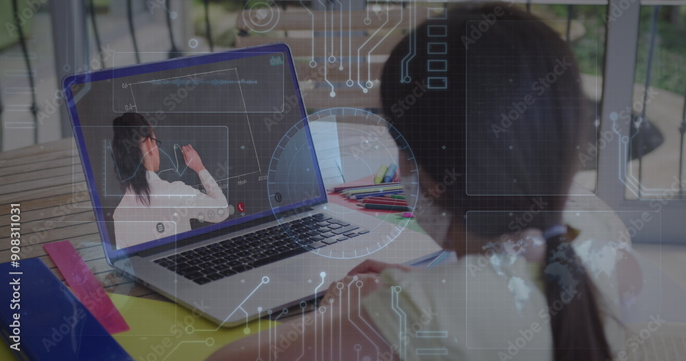 Poster image of round scanner and microprocessor connections against girl having a image call on laptop