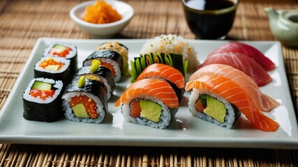 A beautifully arranged sushi platter featuring a variety of nigiri and rolls, served on a white plate with soy sauce and garnish on the side.

