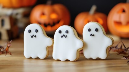 Ghost-shaped cookies with white icing in front of carved pumpkins