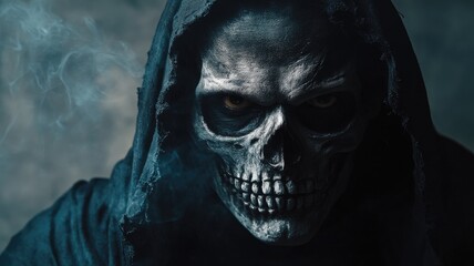 Hooded skeletal figure with intense eyes in smoke-filled dark atmosphere