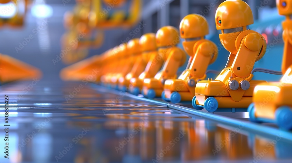 Poster futuristic automation: vibrant factory scene with robotic arms and assembly lines