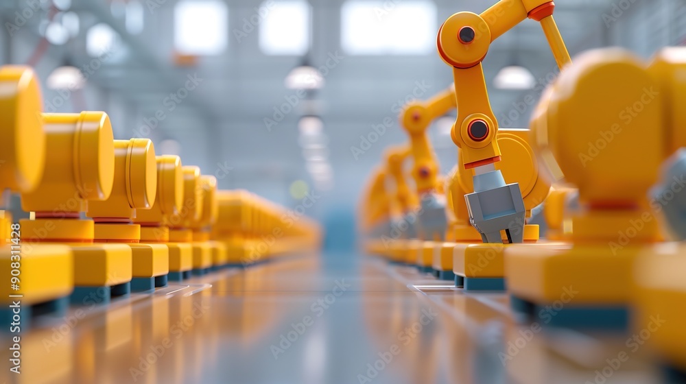 Poster futuristic automated factory floor with robotic arms and assembly lines demonstrating industrial job
