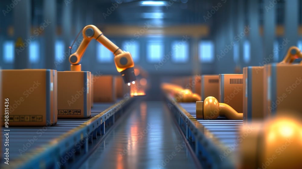 Poster futuristic factory automation with robotic arms on busy assembly line