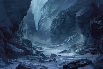 A Snowy Canyon with a Lightning Bolt in the Distance