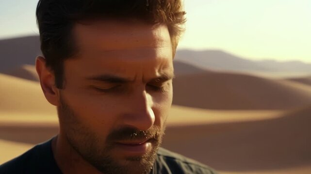 A man in his late thirties squints against the intense sunlight his rugged yet handsome features creating a sense of mystery and adventure. In the distance sand dunes and mountain