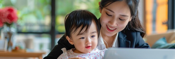 Asian mother in business attire enjoying cartoons with her child on laptop at home Joyful Chinese professional showing entertaining videos to her adorable daughter on screen