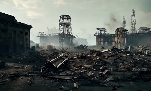 Industrial Wasteland: A haunting vista of deserted and dilapidated industrial structures, shrouded in smoke and debris, depicting the stark consequences of environmental neglect. 