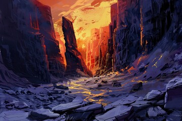 A winding path through a desolate and otherworldly landscape with towering jagged rock formations under a fiery sky