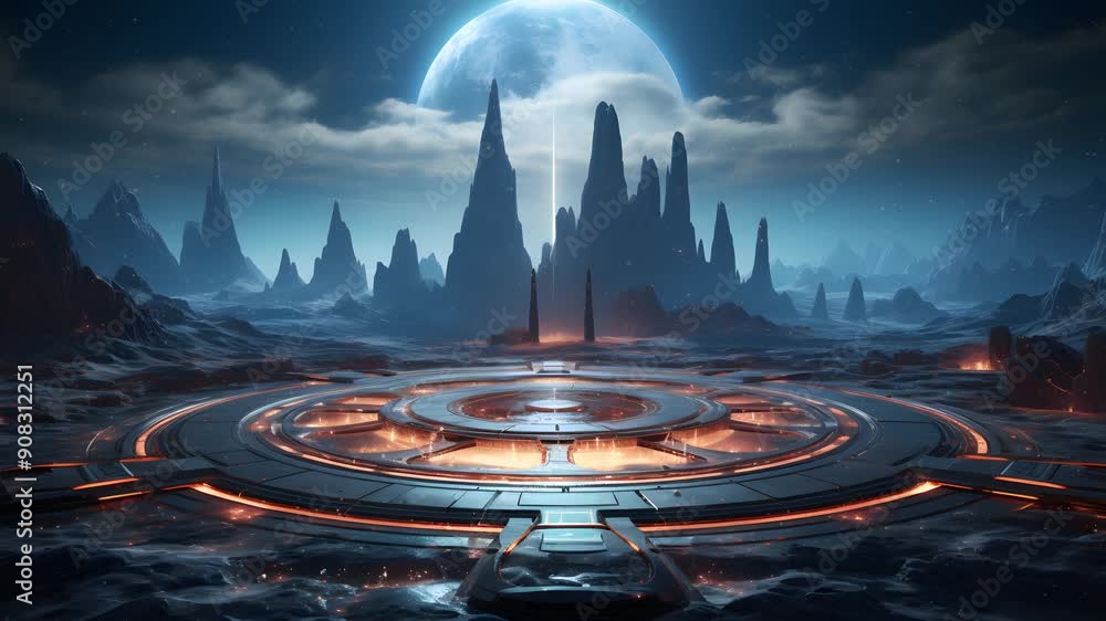 Poster a futuristic, alien landscape with a large moon in the sky, a circular structure in the foreground, 