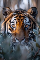 Fototapeta premium Tiger Peeking Through Leaves